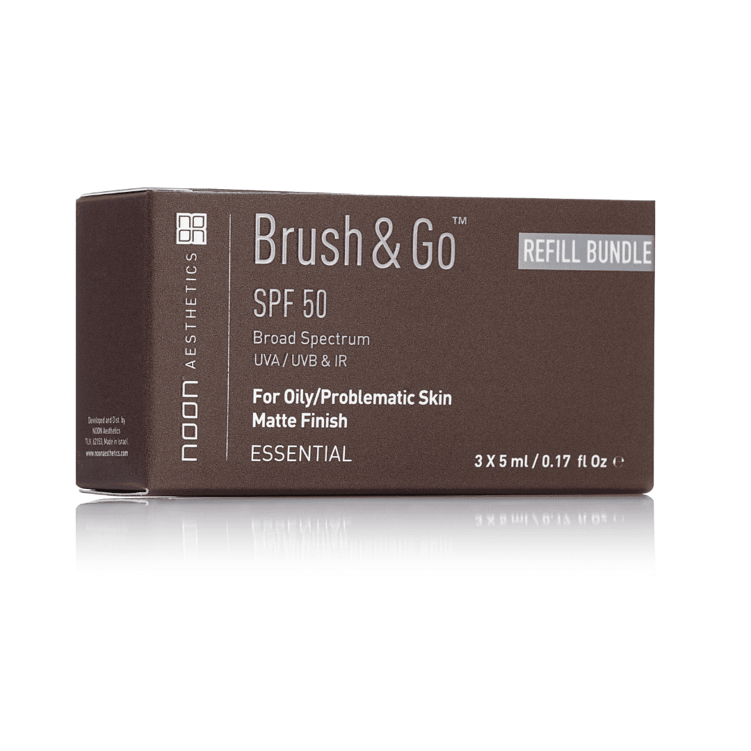 Noon Brush & Go šepetėlio papildymas SPF 50 mineralinė apsauga nuo saulės mišriai, riebiai tipų odai (Tone 02), 3x5 g